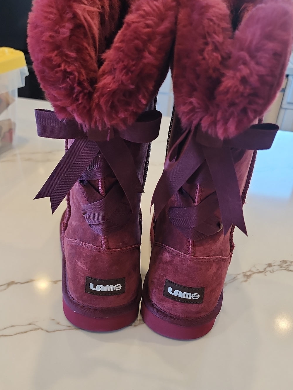 LAMO Adele Tall Suede Boots Womens Size 9 Burgundy Wine Faux Fur Bow NWTB